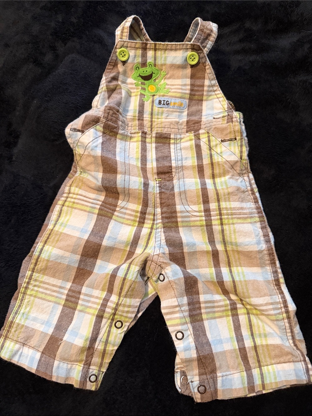 child of mine Brown, Green & Cream Plaid Frog Applique One-Piece